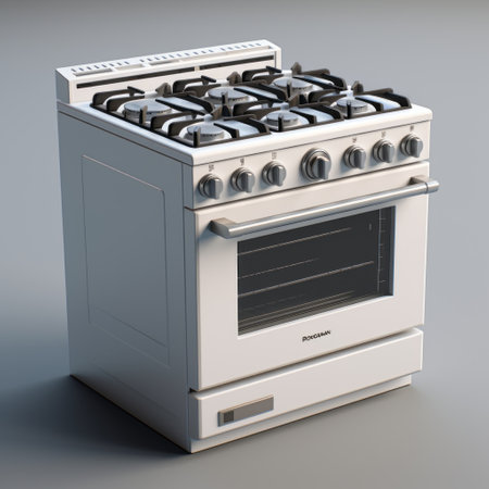 a white stove with a large oven and two burners, created in the style of hyperrealism and photorealism using zbrush and rendered in maya. the stove's design is reminiscent of rubens' clean and sharp inking technique, while also drawing inspiration from hyacinthe rigaud's focus stacking method. ai generatedの素材