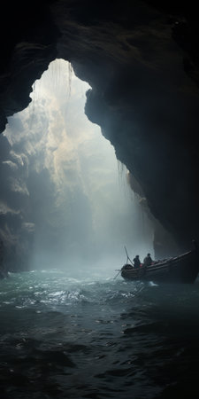 two boats, positioned closely together, create an ethereal and otherworldly atmosphere in this photo. the natural lighting enhances the dansaekhwa style, giving it a dark and gritty feel. the image captures a passage, reminiscent of thai art, and could easily be mistaken for a captivating movie still. ai generatedの素材