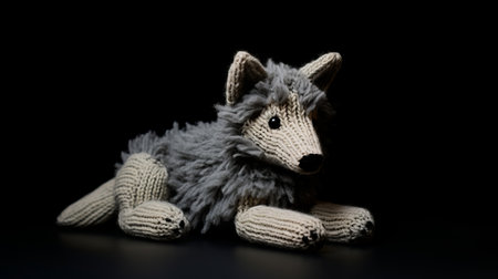 a little wolf stuffed animal is captured in this photo against a black background. the style of the toy is knitted and crocheted, featuring light gray and beige colors. the image is large-scale but low resolution, showcasing a unique combination of mosscore, british topographical, and angura kei aesthetics. ai generatedの素材