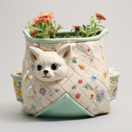 a ceramic plant pot featuring a cat design, inspired by the unique style of shintaro kago. the pot is adorned with beautiful flowers, reminiscent of the artistic touch of petrina hicks. the design is symmetrical and eye-catching, showcasing simplified dog figures. made from recycled materials, this pot is a modern and eco-friendly addition to any space. ai generatedの素材