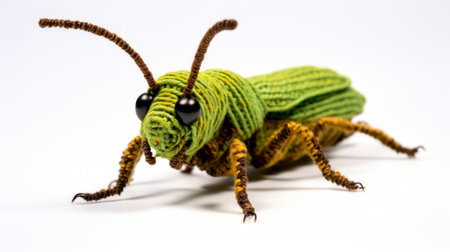 a green bug made out of cardboard, in the style of subversive fiber art, is captured in this national geographic photo. the bug, knitted and crocheted with precisionist details, showcases a unique blend of realistic and linear surrealism. this intricate creation adds to the collection of animal figurines, showcasing the creativity and skill of the artist. ai generatedの素材
