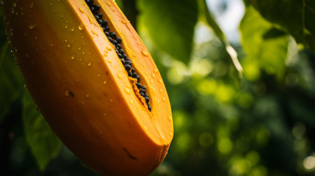 a papaya fruit hangs from a tree, adorned with water droplets on its leaves. the image captures the essence of emotive fields of color, with a golden light illuminating the scene. the unique framing and composition showcase the organic architecture of the tree. inspired by the gutai group, the photo features a harmonious blend of light orange and light black tones. ai generatedの素材