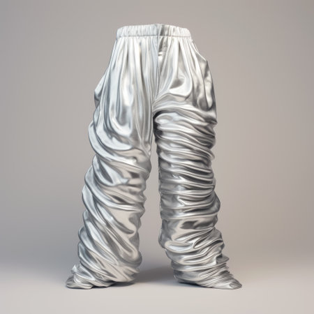 a hyperrealistic rendering of a silver pants, with a layered appearance, is showcased on a table. the pants exhibit creases, wrinkles, and twists, adding depth to the design. this digital artwork combines elements of arabesque, digital minimalism, zuckerpunk, and porcelain aesthetics. ai generatedの素材