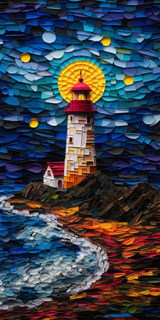 a tiled mosaic of the lighthouse on the cliffs, featuring a colorful impressionistic style reminiscent of paper sculptures and book art installations. the vibrant hues of dark red and yellow create a striking contrast against the romantic moonlit seascapes. the intricate details and thick layers of paint give the mosaic a textured and captivating appeal. ai generatedの素材