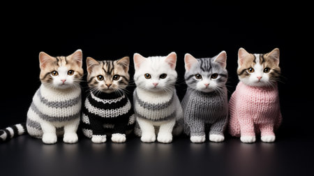 five cats wearing sweaters in a consumer culture critique style. the cats, captured in a uhd image, stand against a black background. the sweaters, designed by kieran yanner and igor zenin, feature striped patterns in light magenta and light gray. ai generatedの素材