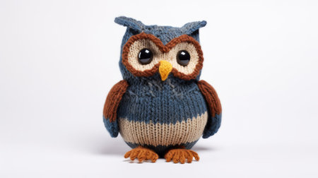 a cute and whimsical owl with a big mistake, this knitted and crocheted creation showcases dark blue and brown colors. with high attention to detail, the expressive character design features toy-like proportions. ai generatedの素材