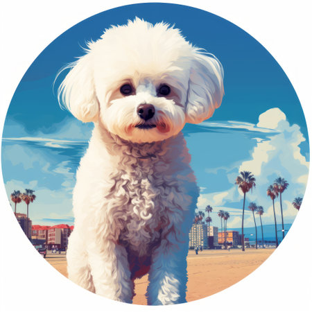 a little dog stands on the beach in this pop art graphic design inspired by drew struzan. the realistic portrait captures the furry art of the dog, while the fisheye lens adds a unique perspective. the sky-blue and white backdrop complements the realistic cityscapes in the background. ai generatedの素材