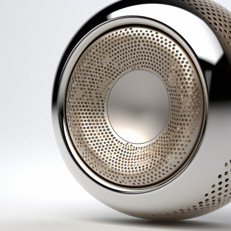 a 3d visualisation of a multi-directional silver speaker, showcasing the lensbaby effect and polished craftsmanship. the design features organic shapes and lines, with a touch of oriental minimalism. the speaker's sleek and modern appearance resembles an apple core, adding a unique and stylish touch to any space. ai generatedの素材