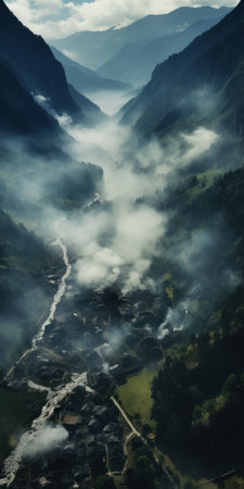 cloudy sky above a valley, resembling melting pots, with a swiss-style touch. the misty gothic atmosphere adds a captivating element to this national geographic photo. the dynamic and action-packed scenes capture the essence of the landscape. the burned and charred elements create a hyper-realistic water effect, enhancing the overall visual impact. ai generatedの素材