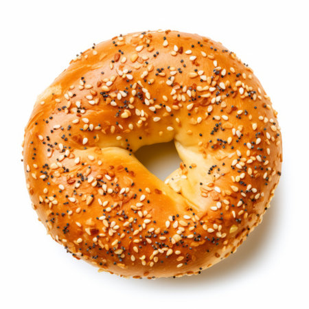 a bagel, captured in the style of emek golan, is showcased on a white background. this aerial view photo, taken with the samyang 14mm f28 if ed umc aspherical lens, exudes raw authenticity. the pointillism technique adds a unique touch, resulting in a crisp and clean look. experience the high resolution of this captivating image. ai generatedの素材