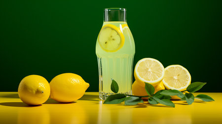 bottle of lemonade with slices of lemons on the table, featuring a vibrant combination of dark yellow and light emerald colors. the composition blends natural and man-made elements, creating a bold chromaticity. the photo, taken with provia, showcases detailed foliage and transparent layers, evoking a soviet aesthetic. ai generatedの素材