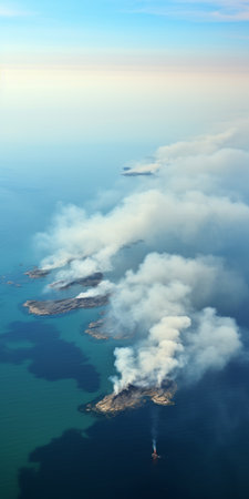 aerial view of a volcanic island eruption, captured in a stock image. the image showcases the dramatic scene with billowing fire smoke, reminiscent of the artistic styles of win aaltonen and sudersan pattnaik. the detailed marine views and dusty piles add to the intensity of the image, while the light cyan and white hues create a striking contrast against the australian landscape. this captivating photoの素材