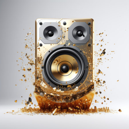 a high tech speaker featuring gold splashes is showcased against a grey background. this realistic-style photograph incorporates surrealistic elements, with a touch of classic rock influence. the white background adds a fragmented advertising feel, while the precisionism influence and sabattier effect create a unique visual impact. the use of the unreal engine enhances the overall composition. ai generatedの素材