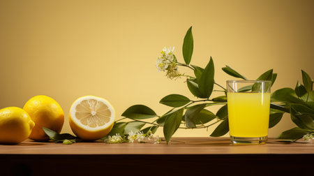 an orange zest is placed alongside a lemon, grape juice, and leaves on a minimalist table. this uhd image by mike campau features light yellow and silver tones, with flower and nature motifs. the photo captures the essence of collecting and different modes of display, as well as paying homage to herb trimpe. ai generatedの素材