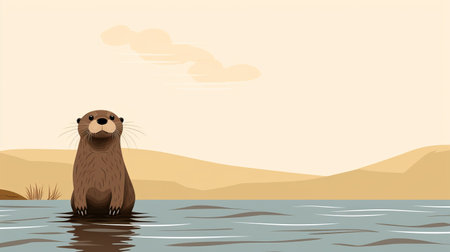 an otter gracefully glides through the water in this minimalist landscape. the vector image is isolated on a white background, with a resolution of 3840x2160. the style of the artwork is reminiscent of whistlerian paintings, featuring character caricatures. the image is digitally enhanced, showcasing subtle and earthy tones that create a serene atmosphere. the horizon adds depth to the composition. ai generatedの素材