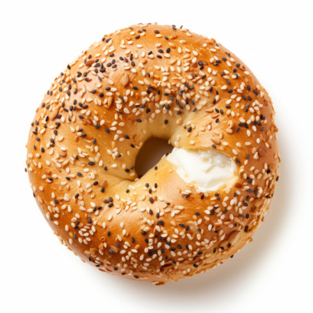a bagel with cream cheese sits in a basket, showcasing the unpolished authenticity of nyc's explosion coverage. the light gray and light amber tones create a clean-lined and aerial view of the bagel. the arabesque scroll design adds a touch of elegance, while the wet-on-wet blending technique enhances the overall visual appeal. ai generatedの素材