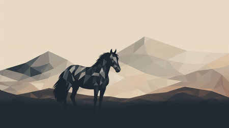 a horse stands in a minimalist landscape scene with low geometry. the background features faceted shapes in light black and dark beige, creating a simple and colorful illustration. the image is in 8k resolution and has a kimoicore style, with elements of dark black and gray. ai generatedの素材