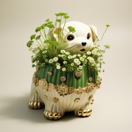 an ornamental dog figurine shaped planter in golden and gold colors, featuring delicate flowers, is captured in this uhd image. created in the style of photobashing, the light white and green hues add a touch of elegance to this persian miniature-inspired piece. perfect for adding a touch of sophistication to any space. ai generatedの素材
