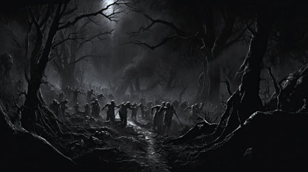 war artwork by bernie wrightson, featuring a captivating and enigmatic atmosphere. this dark and mysterious piece showcases the artist's exceptional talent in capturing the intensity and complexity of war. with intricate details and a haunting ambiance, wrightson's creation immerses viewers in a thought-provoking exploration of the human experience amidst conflict. ai generatedの素材