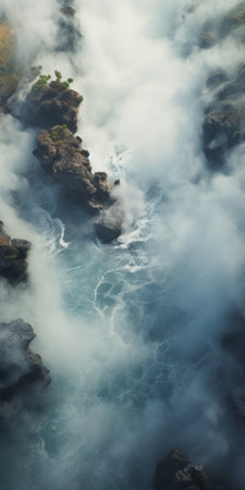 water cascading down a rugged rock surface, captured in the atmospheric style of aerial photography by bertil nilsson. the misty atmosphere adds to the allure, while the rough texture of the rock creates a captivating contrast. this detailed marine view, taken with a nikon af600, showcases the beauty of water in motion. ai generatedの素材