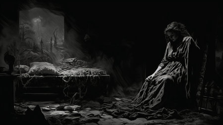 this photo showcases a captivating drama artwork by bernie wrightson, exuding a dark and mysterious ambiance. the intricate details and masterful use of shadows evoke a sense of intrigue and suspense. with its haunting allure, this artwork captures the essence of drama in a truly mesmerizing way. ai generatedの素材