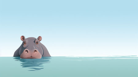 a cartoon hippopotamus, also known as a hippo, is depicted in the water. the illustration showcases a minimalist background with a flattened perspective, providing a high-resolution image. the hippo exudes a pensive stillness and showcases strong facial expressions. the artwork is enhanced by spectacular backdrops, creating a visually captivating comic cartoon. ai generatedの素材