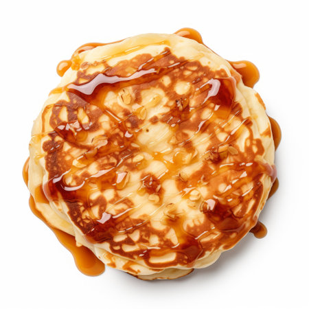 aerial view of a high style pancake with caramel syrup, presented on a white surface. this visually captivating image showcases the pancake's intricate details, enhanced digitally to create a stunning effect. inspired by the artistic styles of vik muniz, ssaku hanga, david burdeny, and scumbling techniques, this photograph captures the beauty of this delectable treat. ai generatedの素材