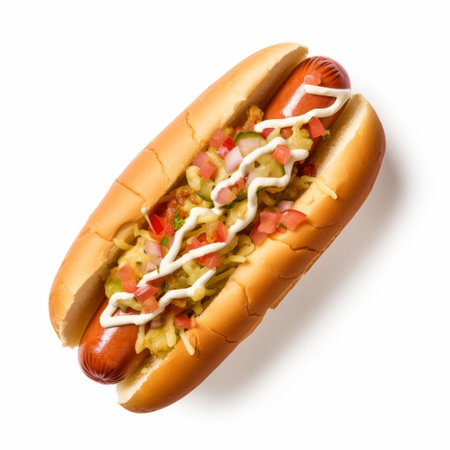 a spicy jalapeno hotdog topped with guacamole is showcased in this digitally enhanced photograph. the wet-on-wet blending technique adds depth and texture, while double lines create a visually striking effect. the caninecore theme is evident in the bold and vibrant primary colors of light orange and white. this installation-based image is sure to tantalize the taste buds. ai generatedの素材