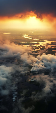 aerial view of a river at sunset, with dramatic clouds in the sky. this national geographic-style photo captures the romanticized beauty of the wilderness. ai generatedの素材