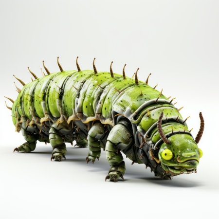 a close-up photo of a caterpillar-like creature with a hybrid composition, featuring a mix of light green and brown colors. this 3d image, reminiscent of steampunk aesthetics, showcases the unique characteristics of this sharp and prickly animal. a captivating shot captured by national geographic. ai generatedの素材