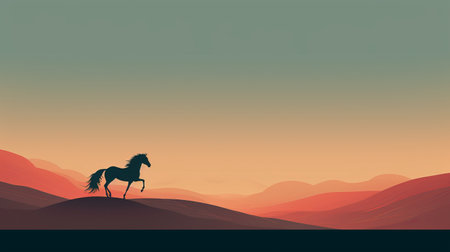 a horse stands on a rocky landscape, showcasing a minimalist background with colorful gradients. the image is in 8k resolution and features a neo-geo minimalism style. the horse's presence adds a touch of elegance to the victorian-inspired illustration, which also incorporates elements of hurufiyya. ai generatedの素材