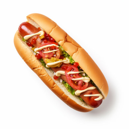 a delicious hot dog topped with fresh tomatoes and crisp lettuce, captured in a royalty-free clip art image. this photorealistic depiction showcases the artistry of split toning and post-processing techniques. the image is poured with vibrant colors, reminiscent of ssaku hanga style, and captures the full body of the hot dog. a perfect representation of hallyu cuisine. ai generatedの素材