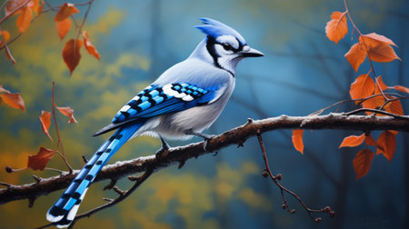 a blue bird perches on a branch in autumn, with a rock as its backdrop. this hyperrealistic and photorealistic style of american scene painting by chip zdarsky showcases high-contrast shading and eye-catching details. the colorful cartoon-like portrayal of the bird adds a touch of vibrancy to the scene, reminiscent of the works of hugues merle. ai generatedの素材
