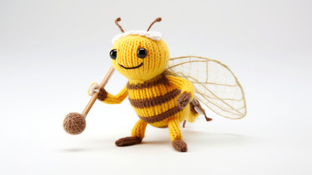 a knitted bee wearing a hat and holding a honeycomb. this playful and whimsical creation features streamlined forms and varied brushwork techniques. with a storybook-like charm, the bee's design is simple yet captivating, showcasing contrasting colors and textures. the mosscore aesthetic adds an organic touch to this delightful knitted character. ai generatedの素材