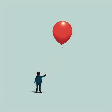 a man gracefully holds a red balloon, showcasing the essence of conceptual minimalism. the balloon's vibrant hue contrasts with the serene backdrop of light maroon and dark aquamarine. this image evokes the nostalgic charm of children's book illustrations while maintaining a realistic and figurative style. with its 8k resolution, it is perfect for editorial illustrations and captures the essence of political minimalism. ai generatedの素材