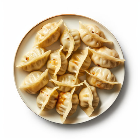 food dumplings arranged on a plate, captured from an aerial perspective. this low-resolution image showcases the dumplings in a visually appealing manner. shot using kodak ektar film, the transparent-translucent medium adds a unique touch. digitally enhanced, the dumplings stand out against a clean white background. this image was taken with fujifilm provia. ai generatedの素材