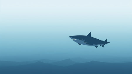 a shark gracefully glides through the underwater depths of the ocean, creating a captivating scene. the background is a flat expanse, reminiscent of hazy landscapes, with a color palette dominated by dark blues and whites. the high-angle perspective adds to the allure, while a touch of mist enhances the sleekness of the shark's movements. ai generatedの素材
