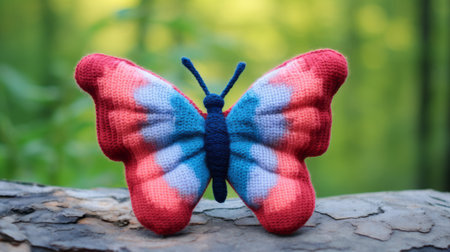 a decorative knitting butterfly is showcased in this image, featuring hand-knitted cloths in vibrant shades of red and blue. the crochet design is captured with a depth of field, creating a plush doll art effect. inspired by nature, the butterfly's colors blend seamlessly, creating an organic sculpting appearance. the soft-focus technique adds a touch of op art enthusiast, with a mesmerizing combination of light magentaの素材