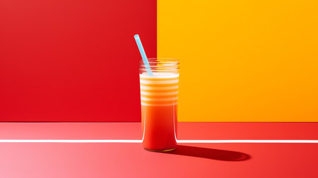 orange drink illustration on a vibrant yellow square background, presented in a captivating 3d rendering. the artwork showcases a unique blend of light indigo and red, reminiscent of the artistic styles of carl kleiner and chad knight. this visually striking composition draws inspiration from straight photography, with a touch of light red and gray hues. the use of kodak plus-x film adds a timeless qualityの素材