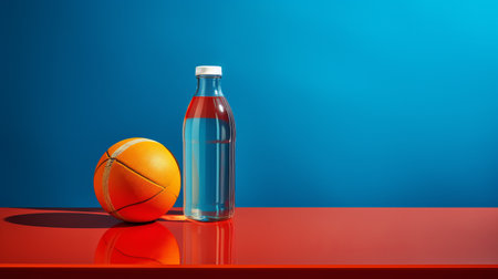 a bottle of water, placed on a white table, is captured in this vibrant and visually striking photograph. the composition features an orange fruit beside the bottle, creating a contrast play. the image is rendered in a saturated color field style, with luminous 3d objects in shades of red and azure. this uhd image is the work of jordan grimmer, known for his rangercore aesthetic.の素材