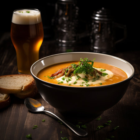 a photo of a rustic soup made with carrots and potatoes, placed on a wooden table. the composition is reminiscent of the style of zeiss batis 18mm f28 lens, with warm tones of light amber and beige. the scene evokes lively tavern scenes depicted by martin schongauer. the image has a painterly quality and showcases the multi-layered talent of mariusz lewandowski. ai generatedの素材