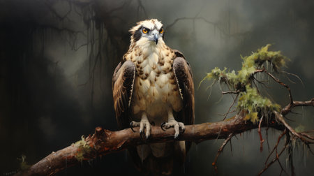 an osprey perched on a branch, showcasing its majestic presence amidst a mystical setting. this captivating photo captures the essence of fantastical creatures, with a touch of cryptid academia. the cyclorama backdrop and photo-realistic landscapes create a mesmerizing atmosphere, while the misty ambiance adds an element of intrigue. a true masterpiece in the realm of junglepunk, this associated press photo is sure to leave viewersの素材