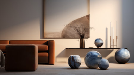 a living room featuring a couch, two armchairs, two vases, a wall hanging, and a wall mounted with luminous spheres in dark silver and light amber. the photorealistic detail and minimalistic landscapes create a calming effect, reminiscent of the minimalist style of ippolito caffi. ai generatedの素材