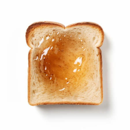 bread spread with honey isolated on a white background. the photo showcases a graflex speed graphic style, with a touch of generative art. the relatable personality and danish design elements make it eye-catching. the shiny, glossy appearance adds to the somber mood. ai generatedの素材