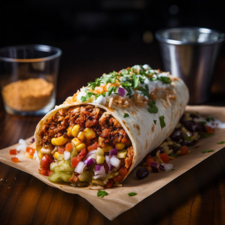 a beautifully seasoned burrito, captured in a tabletop photography style, showcasing its vibrant colors and flavors. this high-resolution image, shot in imax, neogeo, and uhd, features bold chromaticity and intense lighting, creating a visually striking and dramatic composition. ai generatedの素材