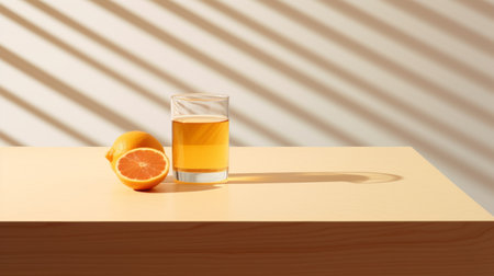 a glass of juice and fresh oranges are placed on a wooden table, showcasing a realistic portrayal of light and shadow. this minimalist illustration, created using ray tracing techniques, features a color palette of light pink and light orange. the image is perfect for editorial illustrations, commercial imagery, and japanese-inspired themes. ai generatedの素材