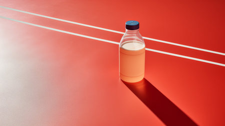 a white bottle with red stripes, showcasing color field minimalism and modernism-inspired portraiture, is captured in this editorial illustration-style tabletop photograph. the ray tracing technique enhances the visual appeal of the image, while the bottle's unique material, made of cheese, adds an intriguing element. this photograph is reminiscent of the renowned vancouver school of photography. ai generatedの素材