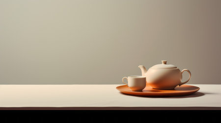 a white teapot sits on a wooden platter, accompanied by a cup. this minimalist color field composition showcases dark beige and orange tones, reminiscent of meticulous photorealistic still lifes. influenced by ancient chinese art, this high-quality photo captures the essence of physically based rendering, with a stunning play of light and shadow. ai generatedの素材