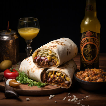 a mouthwatering burrito, made with a recipe from jamie oliver, is beautifully captured in this photo. the vibrant colors of dark gold and yellow, reminiscent of phoenician art, create an eye-catching composition. shot with a tokina at-x 11-16mm f/2.8 pro dx ii lens, the image showcases intricate details, including sgrafitto patterns. this high-resolution photo in 32k uhd resembles dutch genre scenes. ai generatedの素材