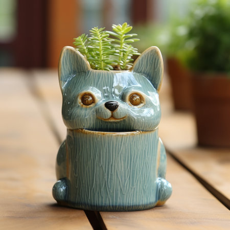 a chihuli cat planter pot featuring a cute little cat inside. the pot is designed in a style of light gold and sky-blue, with selective focus highlighting the intricate details. the dark green wood complements the natural and man-made elements, creating a visually captivating piece. shot on fujifilm provia, the photo captures the intense level of detail. ai generatedの素材